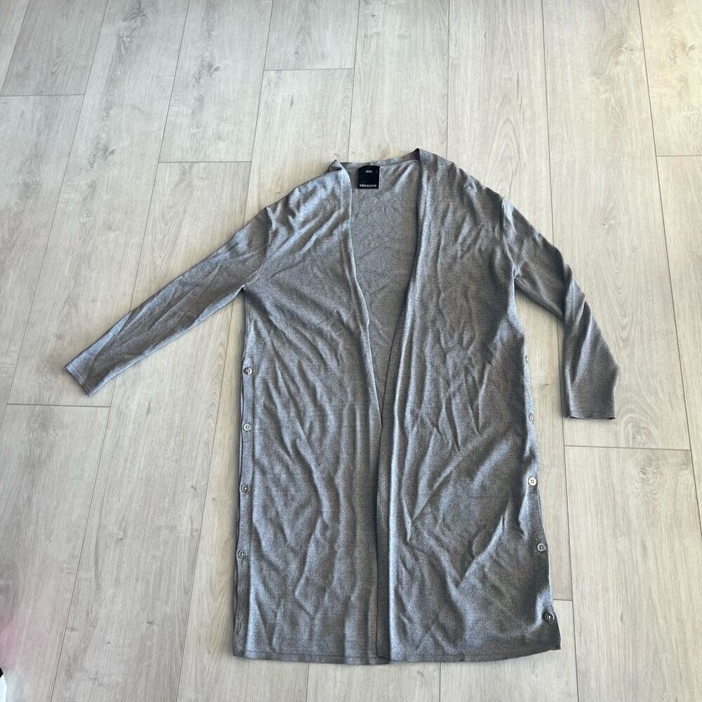 C/Meo Collective Womens Cardigan Sweater Open Duster Long L Gray Button Side